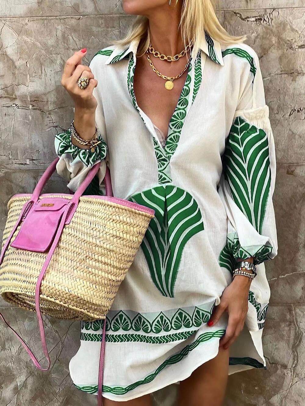 Simple Unique Print Holiday Mini Dress Green Dresses