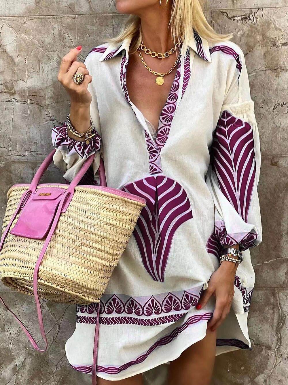 Simple Unique Print Holiday Mini Dress Purple Dresses