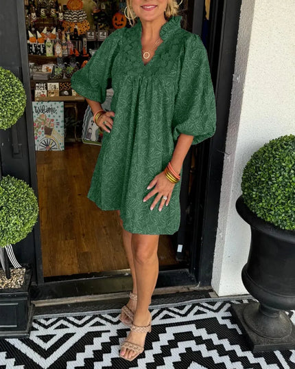 Lilette™ | Puff Sleeve Leaf Jacquard Mini Dress Green Dress