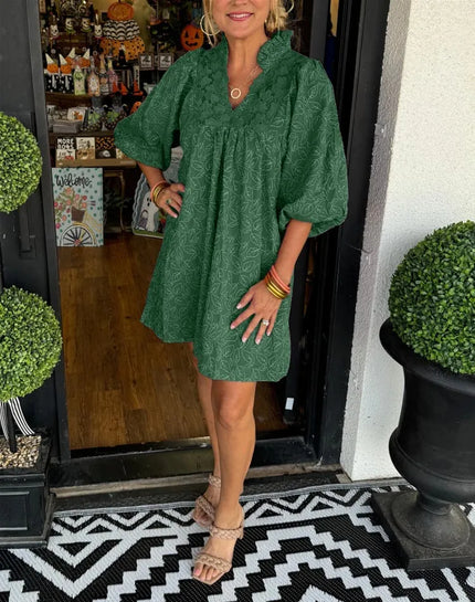 Lilette™ | Puff Sleeve Leaf Jacquard Mini Dress Green Dress