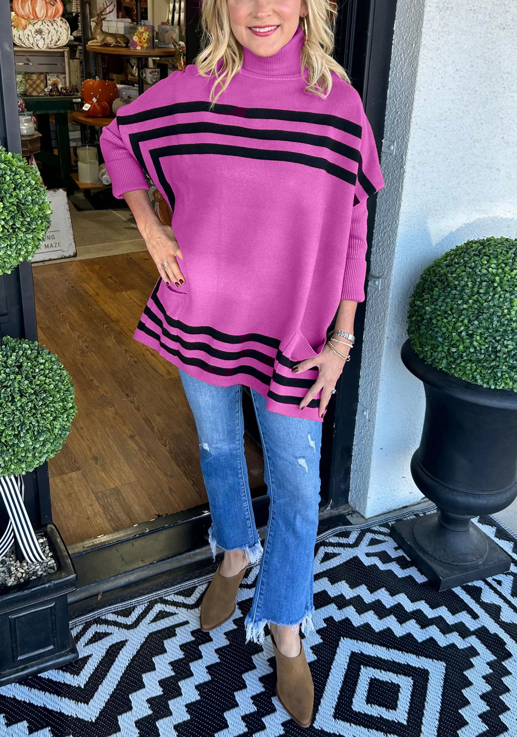 Inessa™ | High Neck Bat Sleeve Striped Sweater Rose Red Sweaters