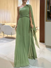 Elegant Off Shoulder Pleated Maxi Dress Green Dresses
