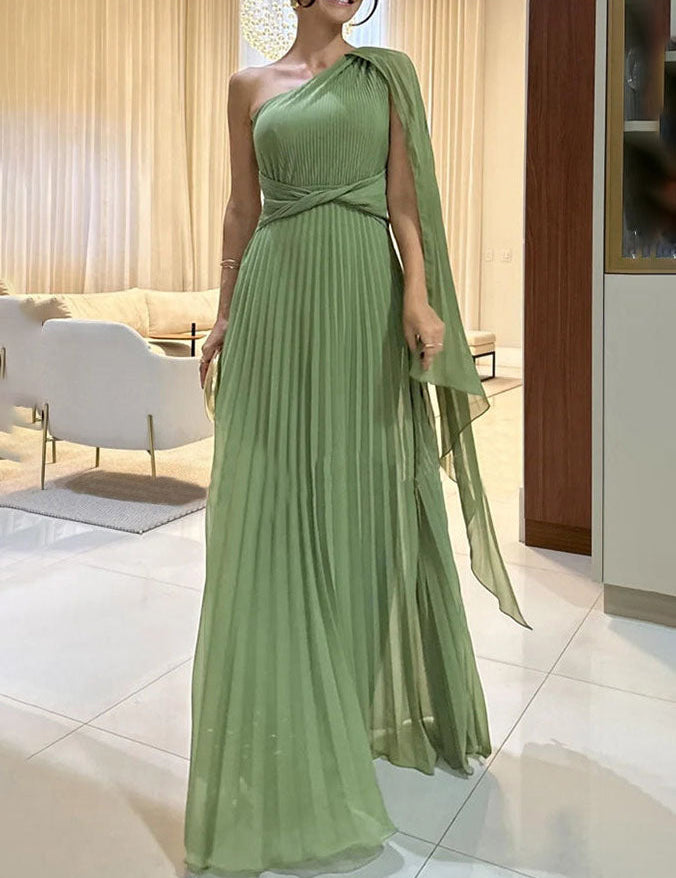 Elegant Flowing Pleated Off-the-Shoulder Maxi Dress Green Dresses