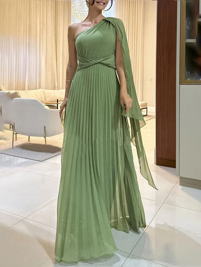 Elegant Off Shoulder Pleated Maxi Dress Green Dresses