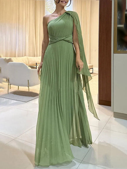Elegant Flowing Pleated Off-the-Shoulder Maxi Dress Green Dresses