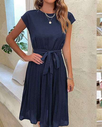 Women's Summer Pleated Short Sleeve Dress with Waist Tie Dresses