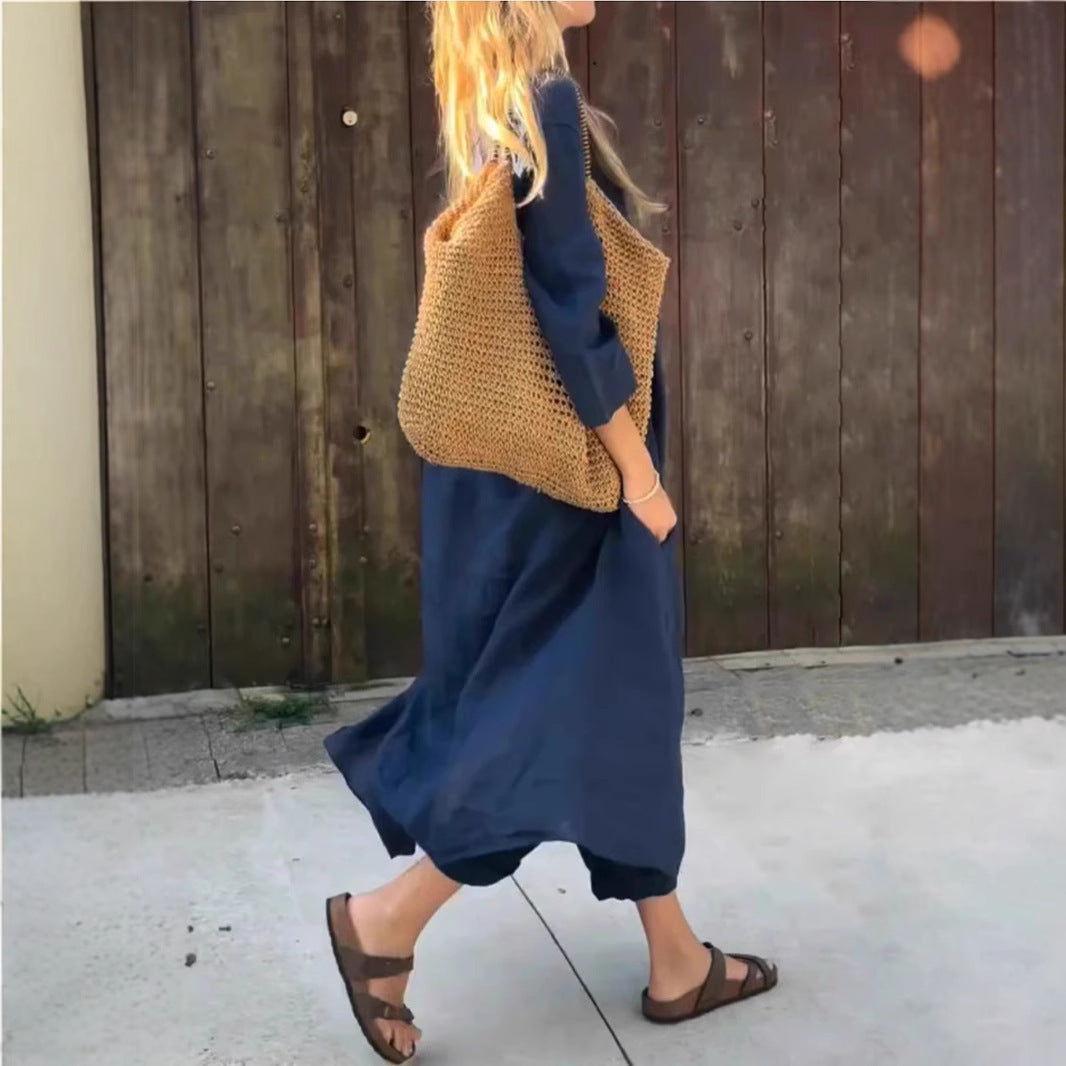 Women's 2-Piece V-Neck Long Sleeve Top & High-Waist Wide-Leg Pants Set with Pockets set