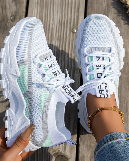 Women’s Flyknit Mesh Lace-Up Sneakers White Green Gray Sneakers
