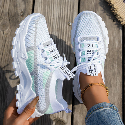 Women’s Flyknit Mesh Lace-Up Sneakers White Green Gray Sneakers