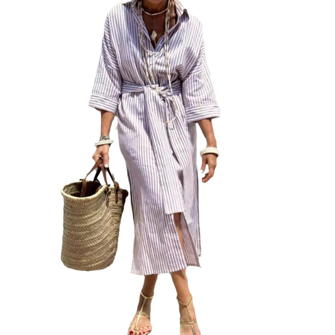 Striped Shirt Dress With Belt Dresses