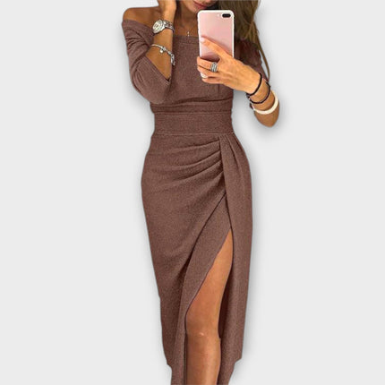 Lena | Elegant Off-Shoulder Dress Brown Dresses