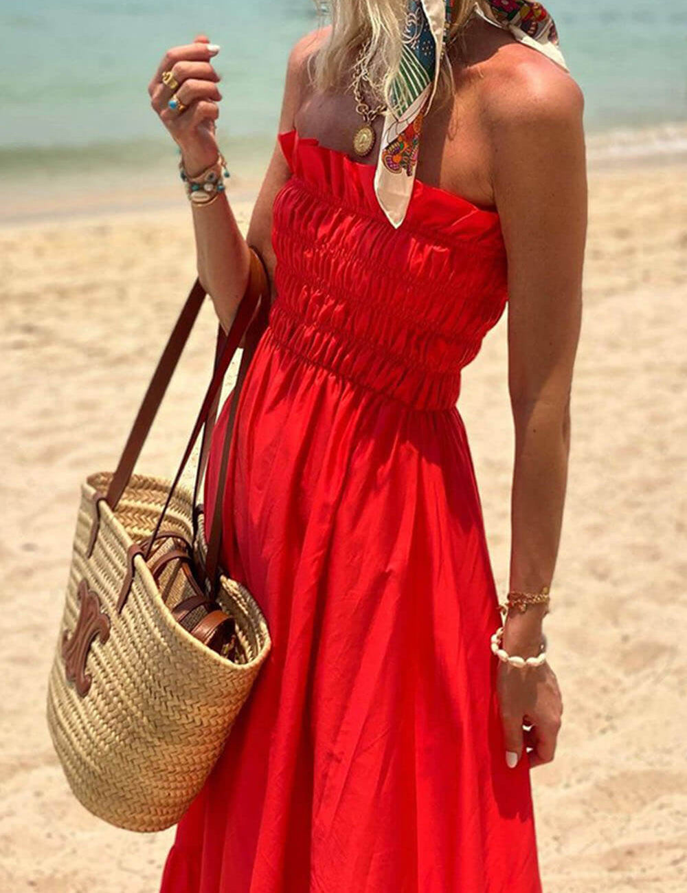 Off Shoulder Smocked Bust Vacation Maxi Dress Dresses