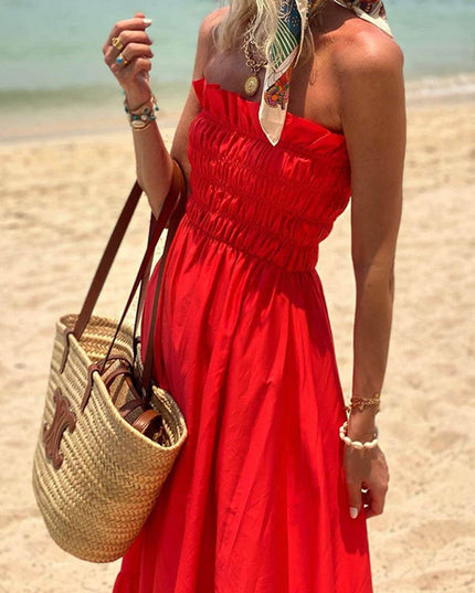 Off Shoulder Smocked Bust Vacation Maxi Dress Dresses