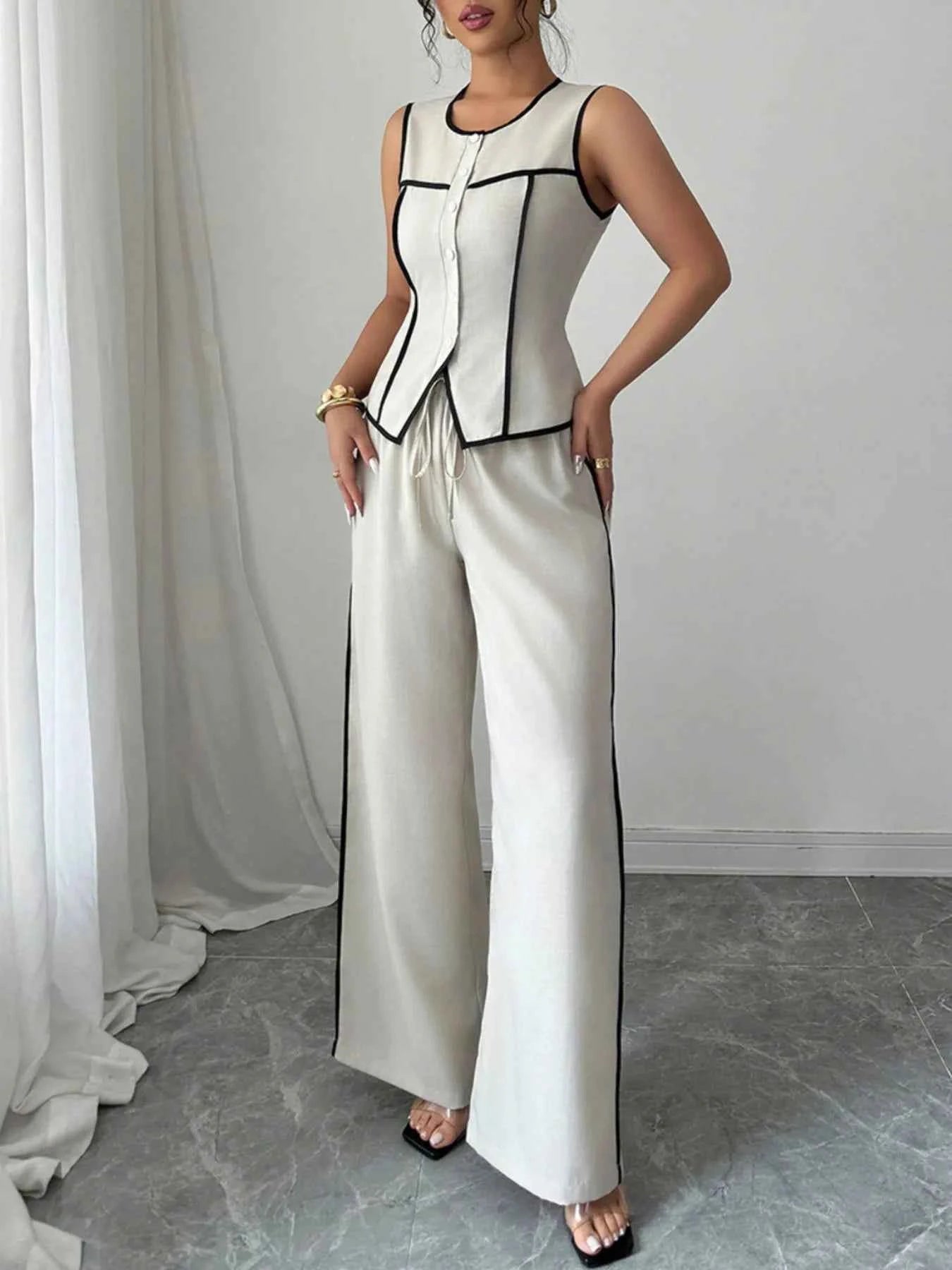 Contrast Piping Round Neck Top and Wide-Leg Pants Set