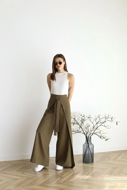 Ophelia | Wide-cut women's linen pants Khaki Pants