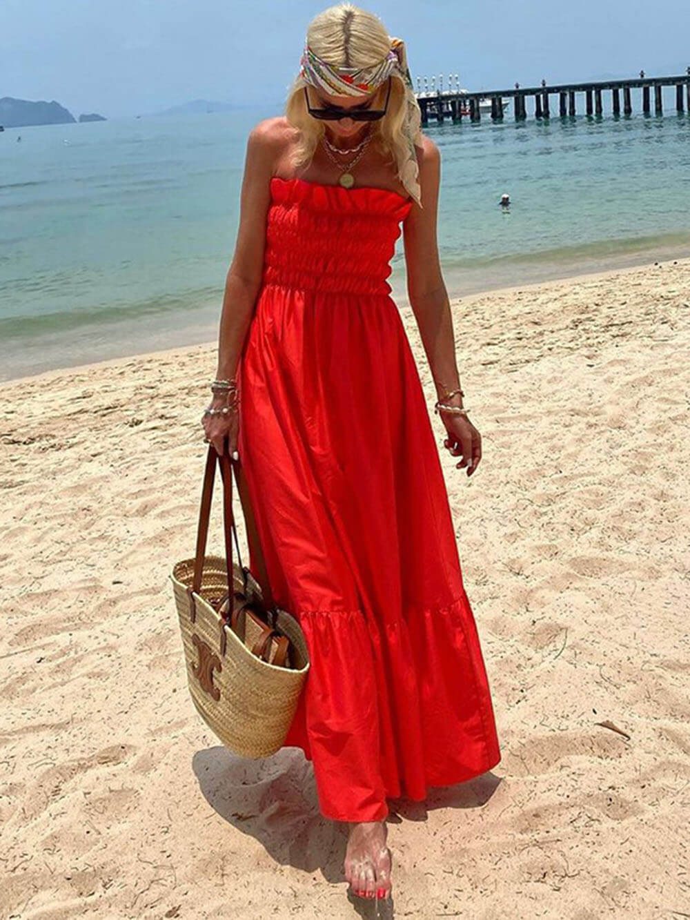 Off Shoulder Smocked Bust Vacation Maxi Dress Dresses
