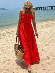 Off Shoulder Smocked Bust Vacation Maxi Dress Dresses