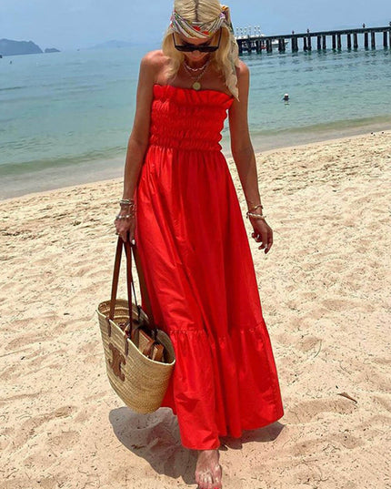 Off Shoulder Smocked Bust Vacation Maxi Dress Dresses