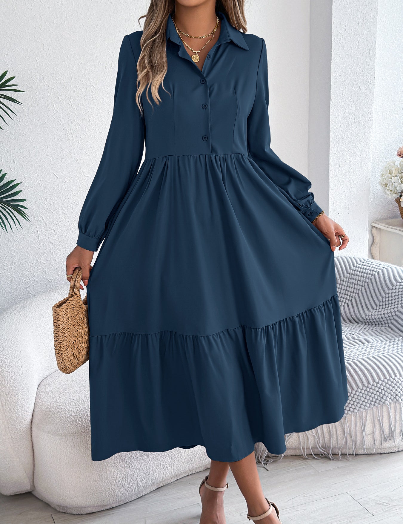 Women's Lapel Loose Ruffled Shirt Dress – Casual Long-Sleeve Vacation Dress Navy Blue Dresses