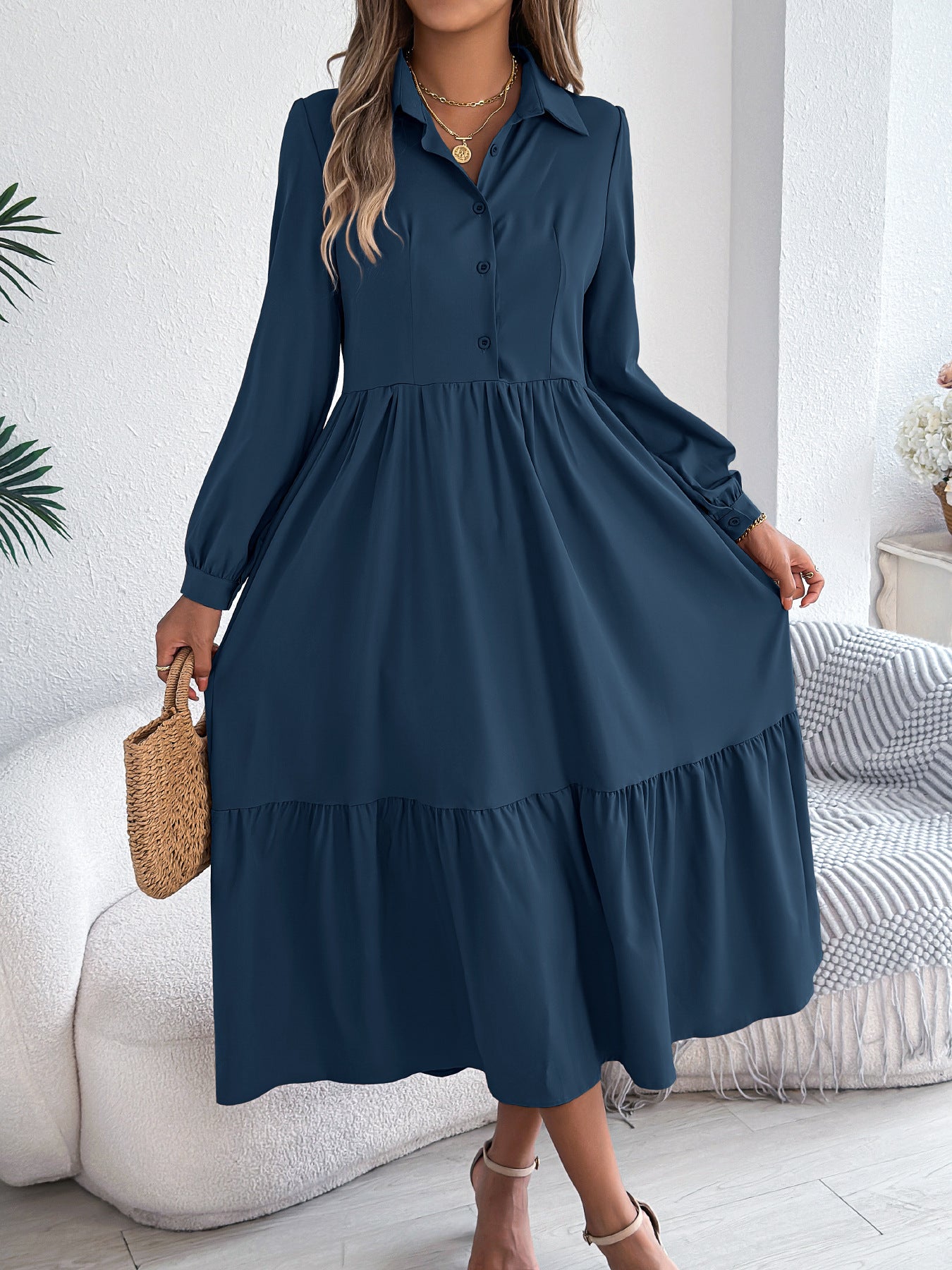 Women's Lapel Loose Ruffled Shirt Dress – Casual Long-Sleeve Vacation Dress Navy Blue Dresses