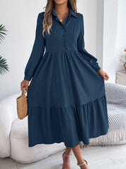Women's Lapel Loose Ruffled Shirt Dress – Casual Long-Sleeve Vacation Dress Navy Blue Dresses
