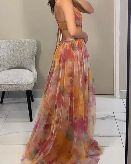 Elegant Printed Lace-Up Maxi Dress Dresses