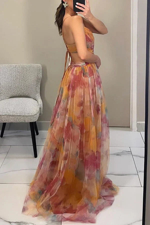 Elegant Printed Lace-Up Maxi Dress Dresses