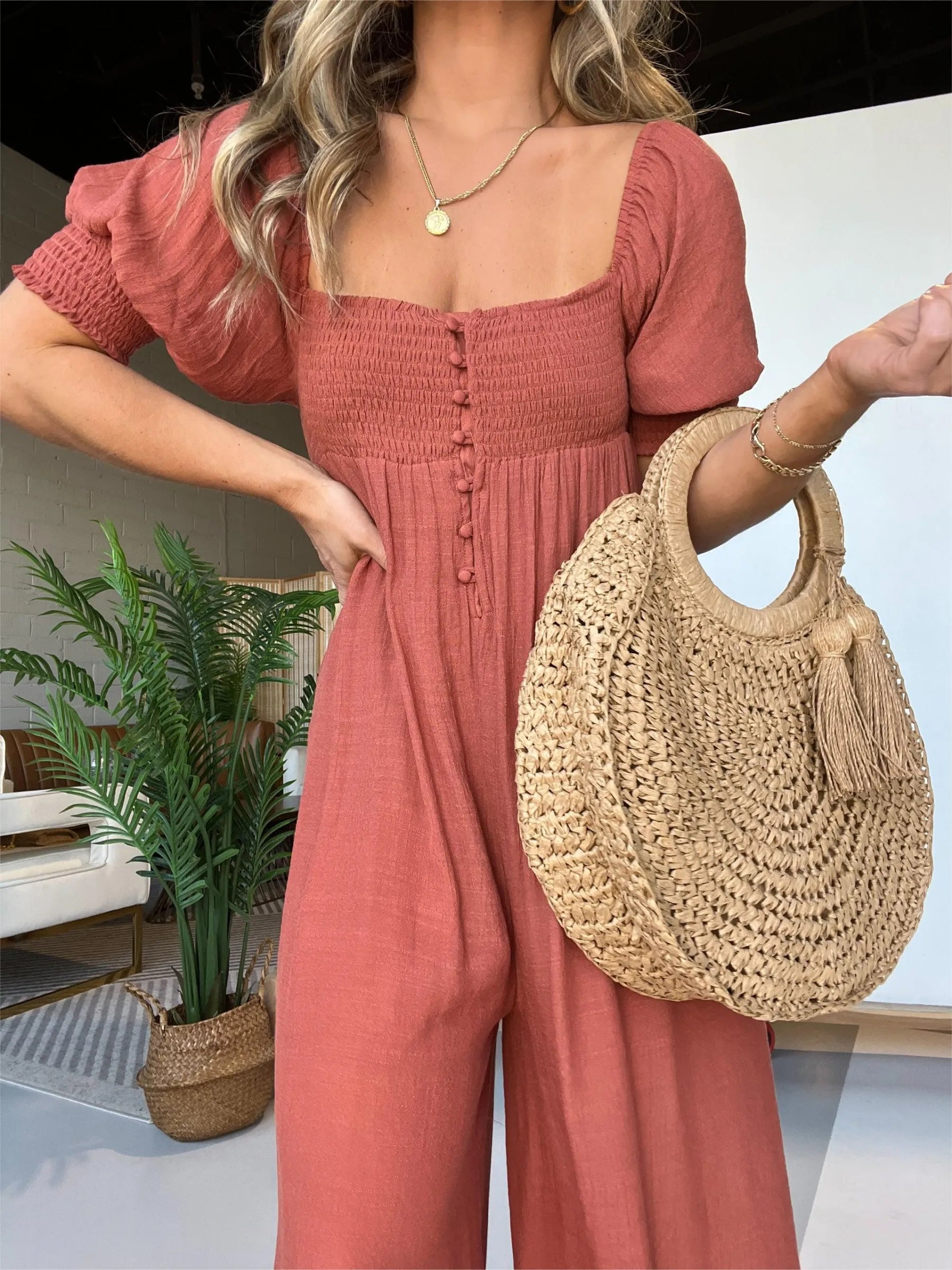 Wyn™ | Feminine Flair Smocked Jumpsuit Jumpsuit