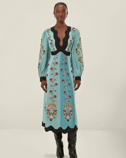 Ailani™ | Blue Flowing Beauty Long Sleeve Midi Dress M Dresses