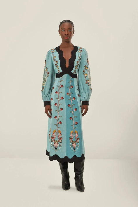 Ailani™ | Blue Flowing Beauty Long Sleeve Midi Dress M Dresses