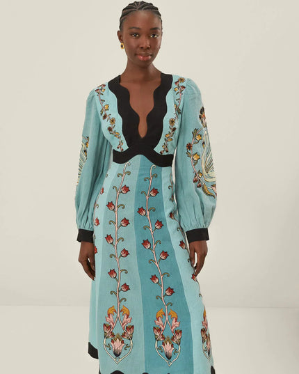 Ailani™ | Blue Flowing Beauty Long Sleeve Midi Dress S Dresses