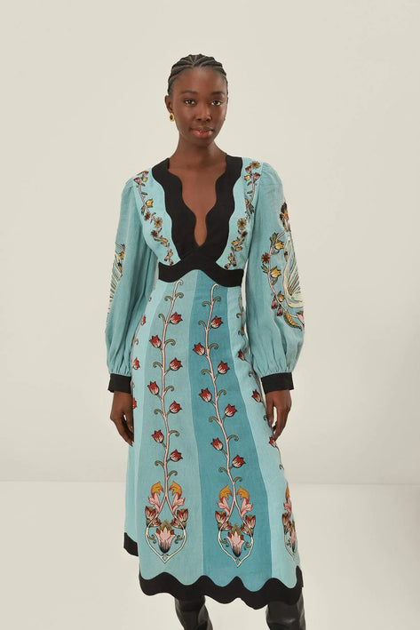 Ailani™ | Blue Flowing Beauty Long Sleeve Midi Dress S Dresses