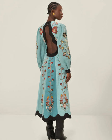 Ailani™ | Blue Flowing Beauty Long Sleeve Midi Dress L Dresses