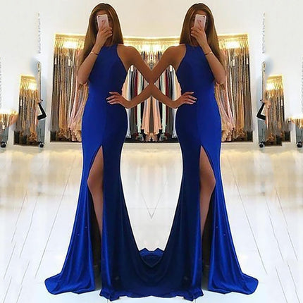 Elegant Long Evening Dress for Women – Formal Maxi Gown with Long Sleeves Blue Dresses