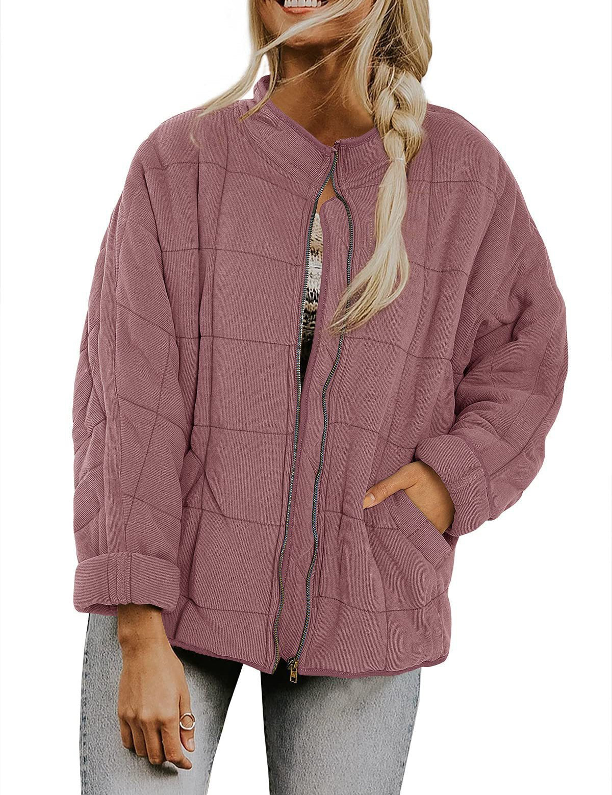 Plaid Stand-Collar Zip-Up Winter Coat for Women Pink Coat