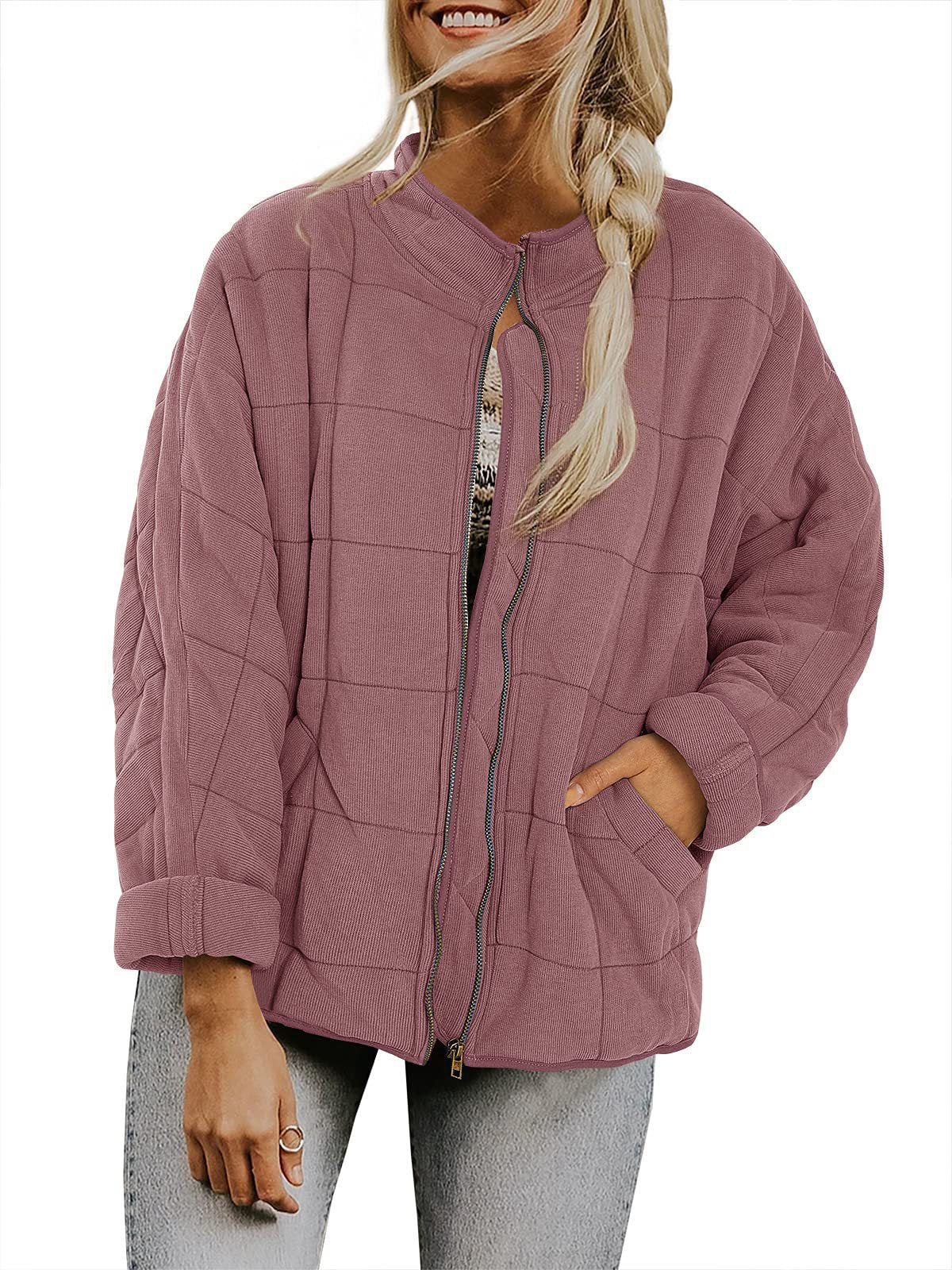 Plaid Stand-Collar Zip-Up Winter Coat for Women Pink Coat
