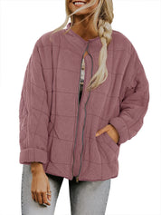 Plaid Stand-Collar Zip-Up Winter Coat for Women Pink Coat