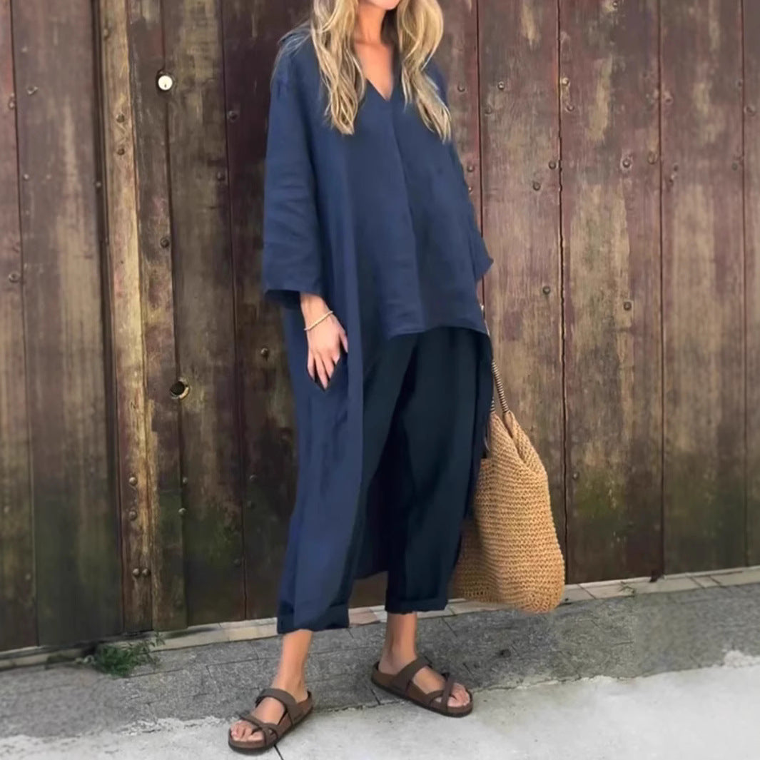 Women's 2-Piece V-Neck Long Sleeve Top & High-Waist Wide-Leg Pants Set with Pockets set