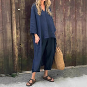 Women's 2-Piece V-Neck Long Sleeve Top & High-Waist Wide-Leg Pants Set with Pockets set