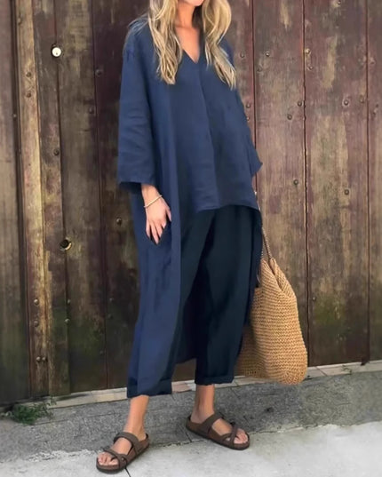 Women's 2-Piece V-Neck Long Sleeve Top & High-Waist Wide-Leg Pants Set with Pockets set