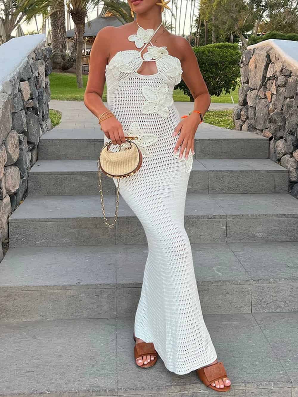 3D Flower Decor Halter Neck Bodycon Crochet Maxi Dresses White Dresses