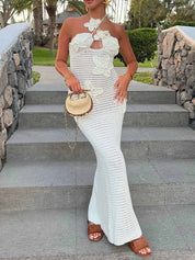 3D Flower Decor Halter Neck Bodycon Crochet Maxi Dresses White Dresses