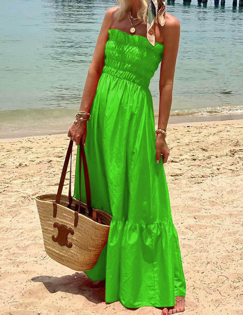 Off Shoulder Smocked Bust Vacation Maxi Dress Green Dresses