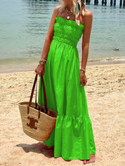 Off Shoulder Smocked Bust Vacation Maxi Dress Green Dresses