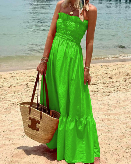 Off Shoulder Smocked Bust Vacation Maxi Dress Green Dresses