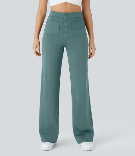 Jade | Elastic pants with high Waist Stone green Trousers