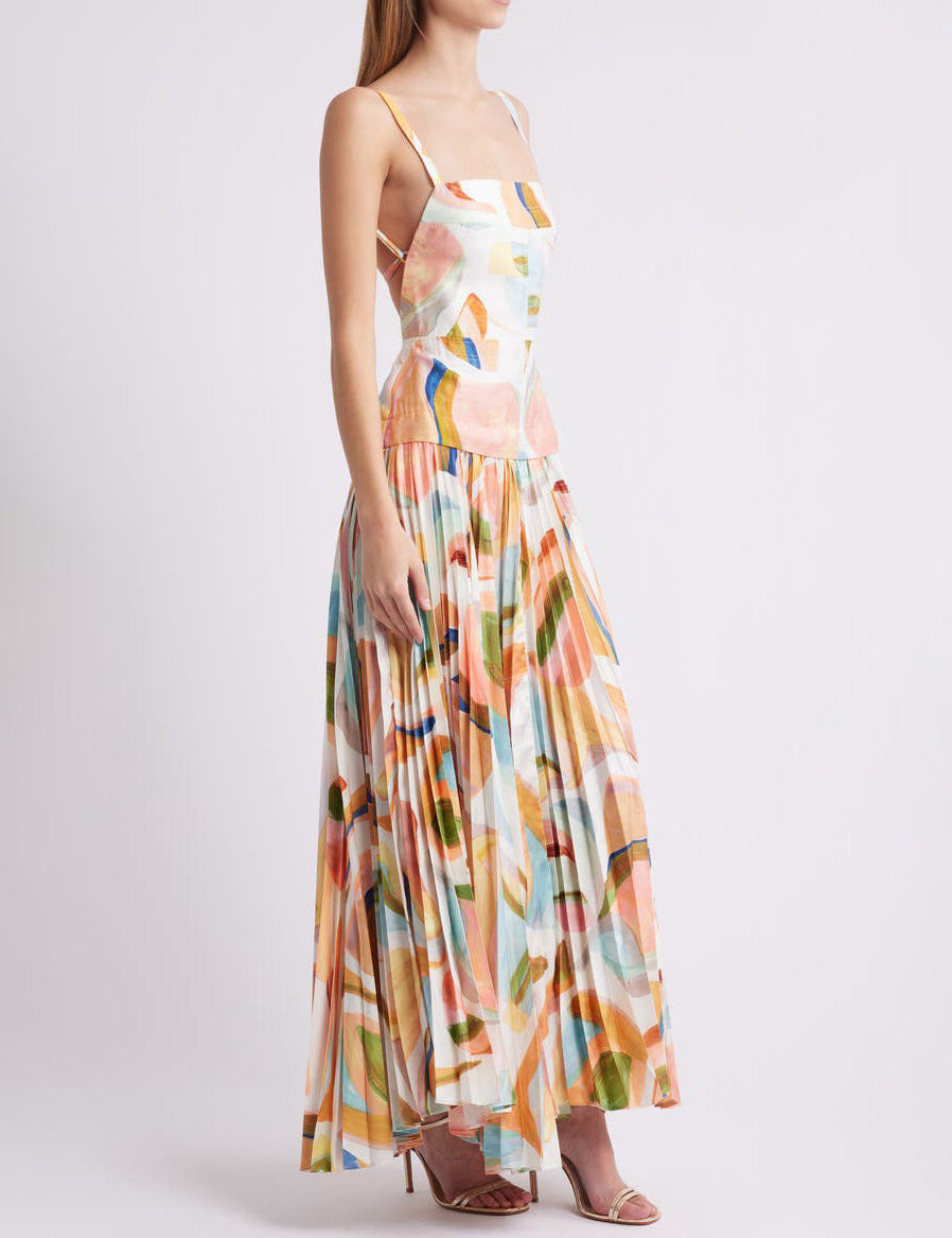 Abstract Print Open Back Pleated Maxi Dress Dresses