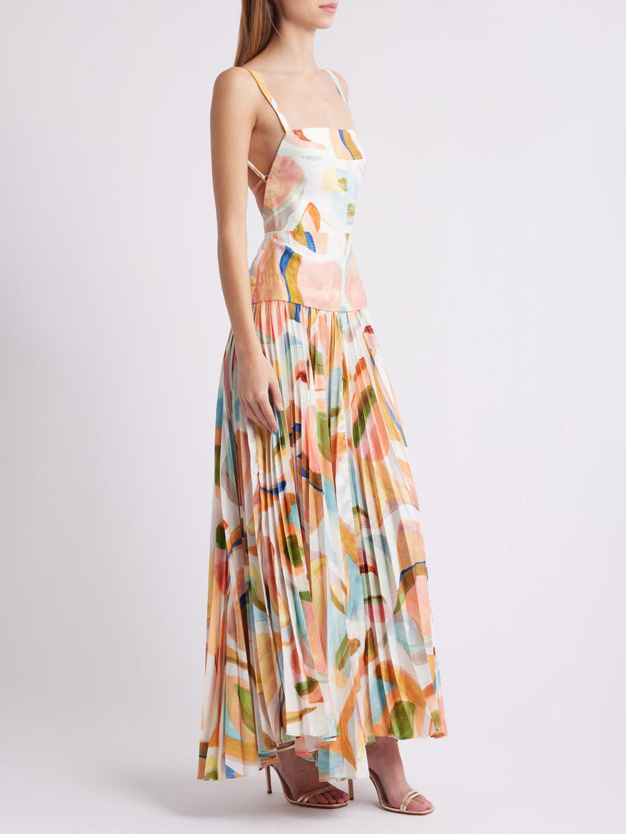 Abstract Print Open Back Pleated Maxi Dress Dresses