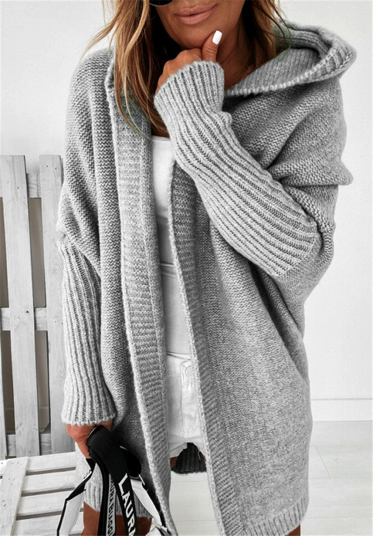 Oversized Bat-Sleeve Hooded Cardigan – Chic Comfort Grey Women Jacket