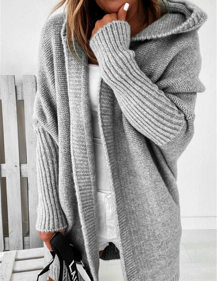 Oversized Bat-Sleeve Hooded Cardigan – Chic Comfort Grey Women Jacket